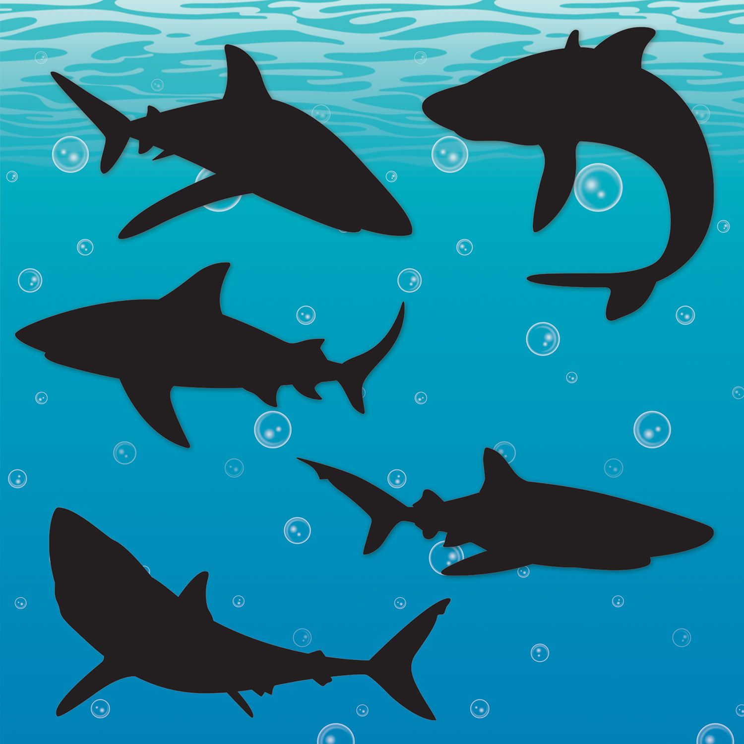Shark themed backdrop party setup with black silhouettes of sharks swimming underwater with bubbles on a blue background 
