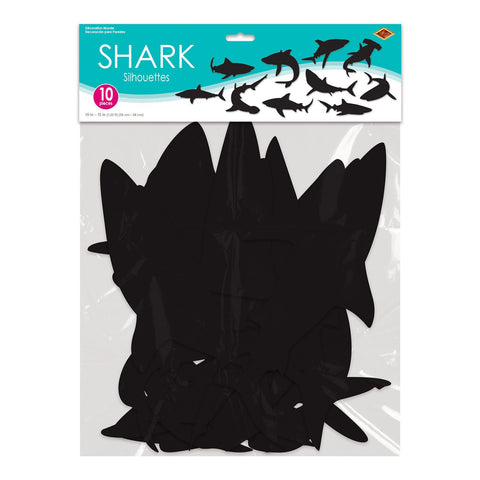 Shark silhouettes party decoration packaging showing 10 piece set black cutouts