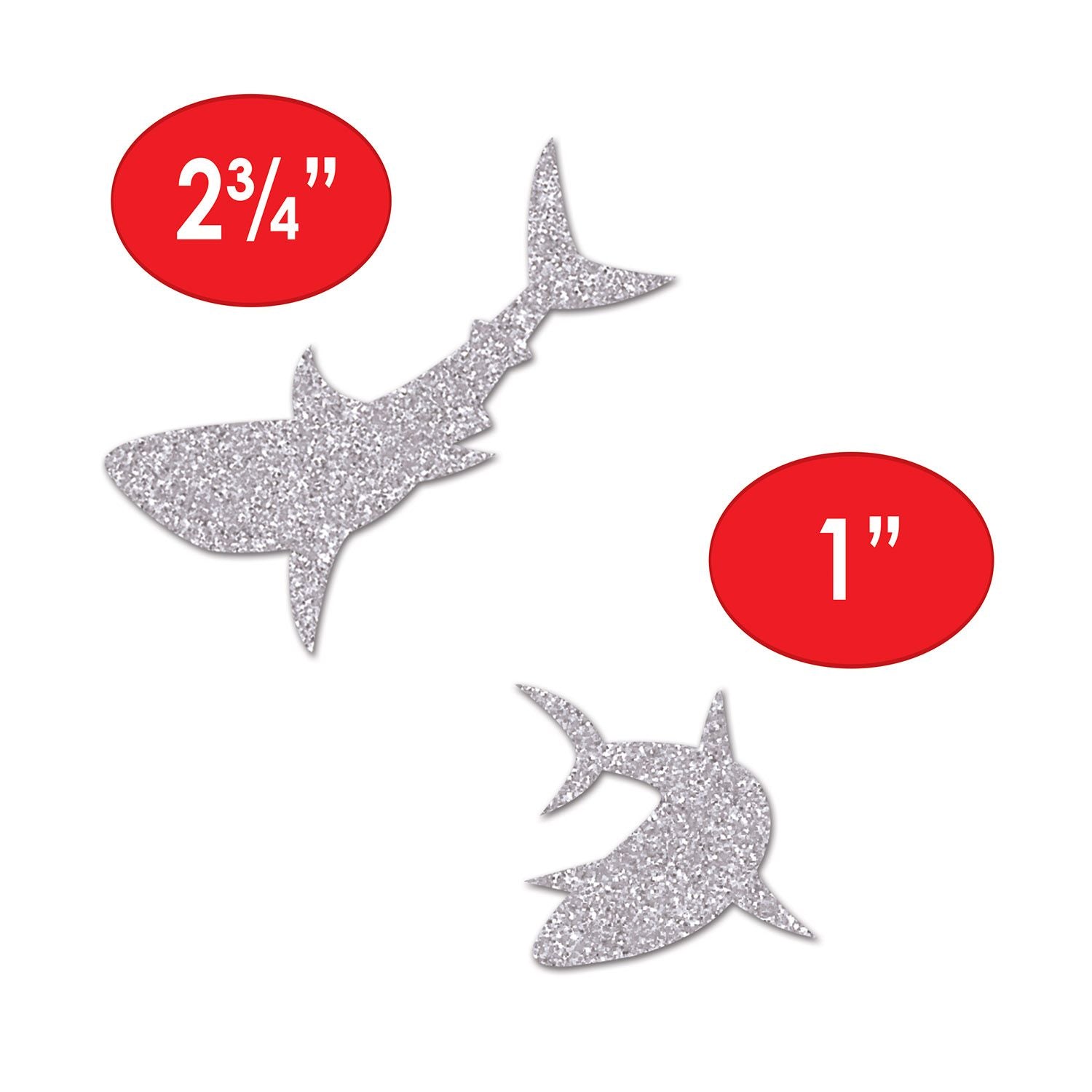 Decorative shark sparkle confetti used for invitations and party styling showing sizes