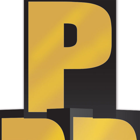 Black and gold foil close up picture of the letter P in the column spelling PROM in bold metallic letters