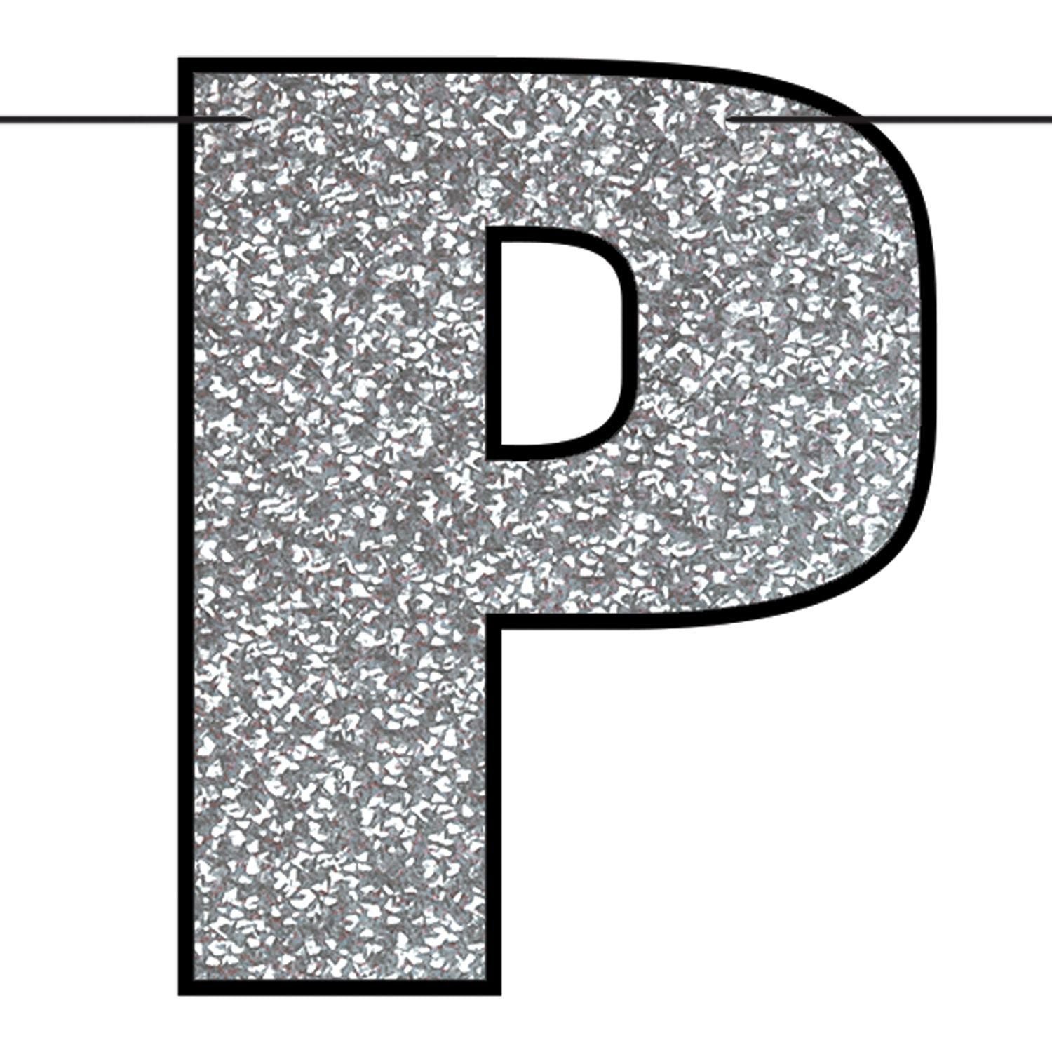 Close up of the "P" in the Prom banner with silver glitter print lettering measuring 14¼ inches tall