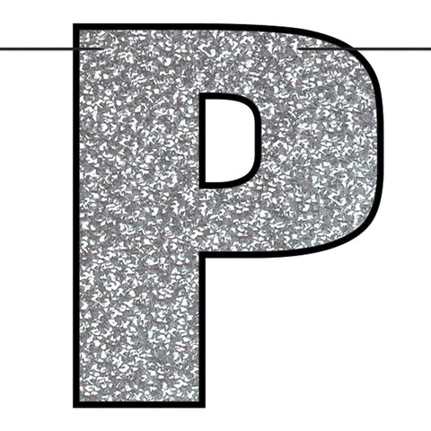 Close up of the "P" in the Prom banner with silver glitter print lettering measuring 14¼ inches tall