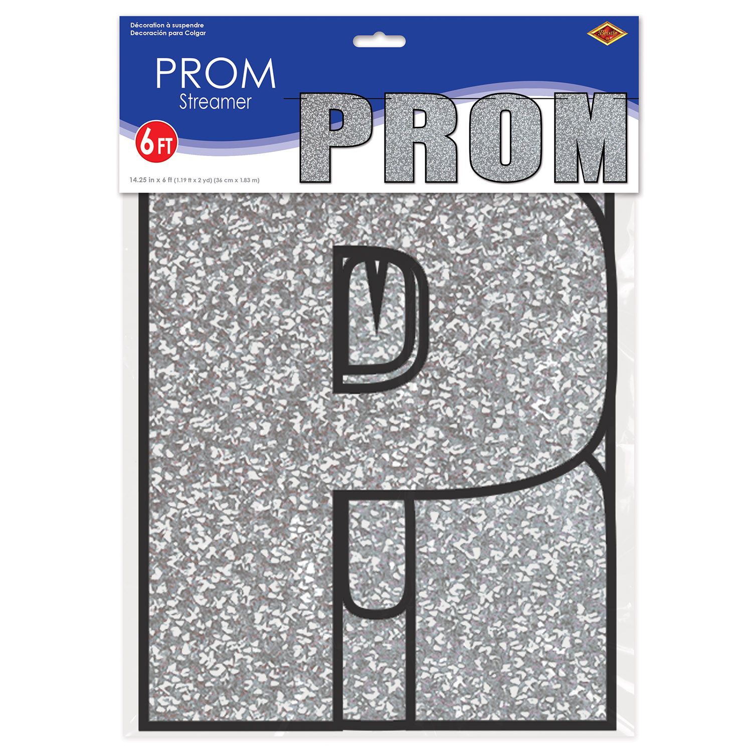 Silver glitter prom streamer banner displayed inside retail packaging