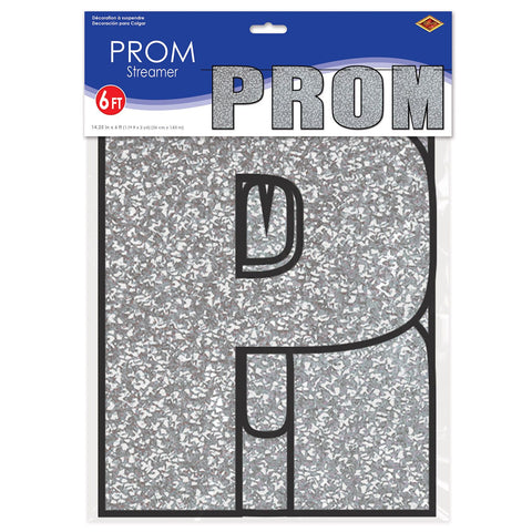 Silver glitter prom streamer banner displayed inside retail packaging