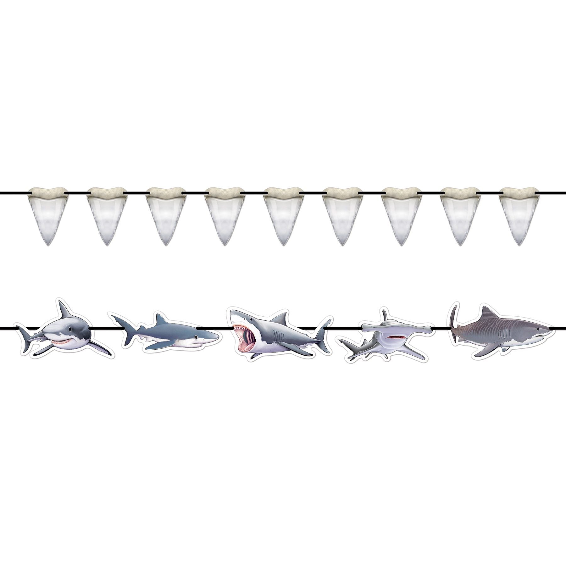 Shark streamer decoration set 14 pieces with sharks and teeth double sided Party Fair Manahawkin NJ
