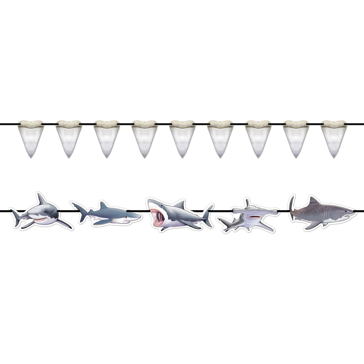 Shark streamer decoration set 14 pieces with sharks and teeth double sided Party Fair Manahawkin NJ