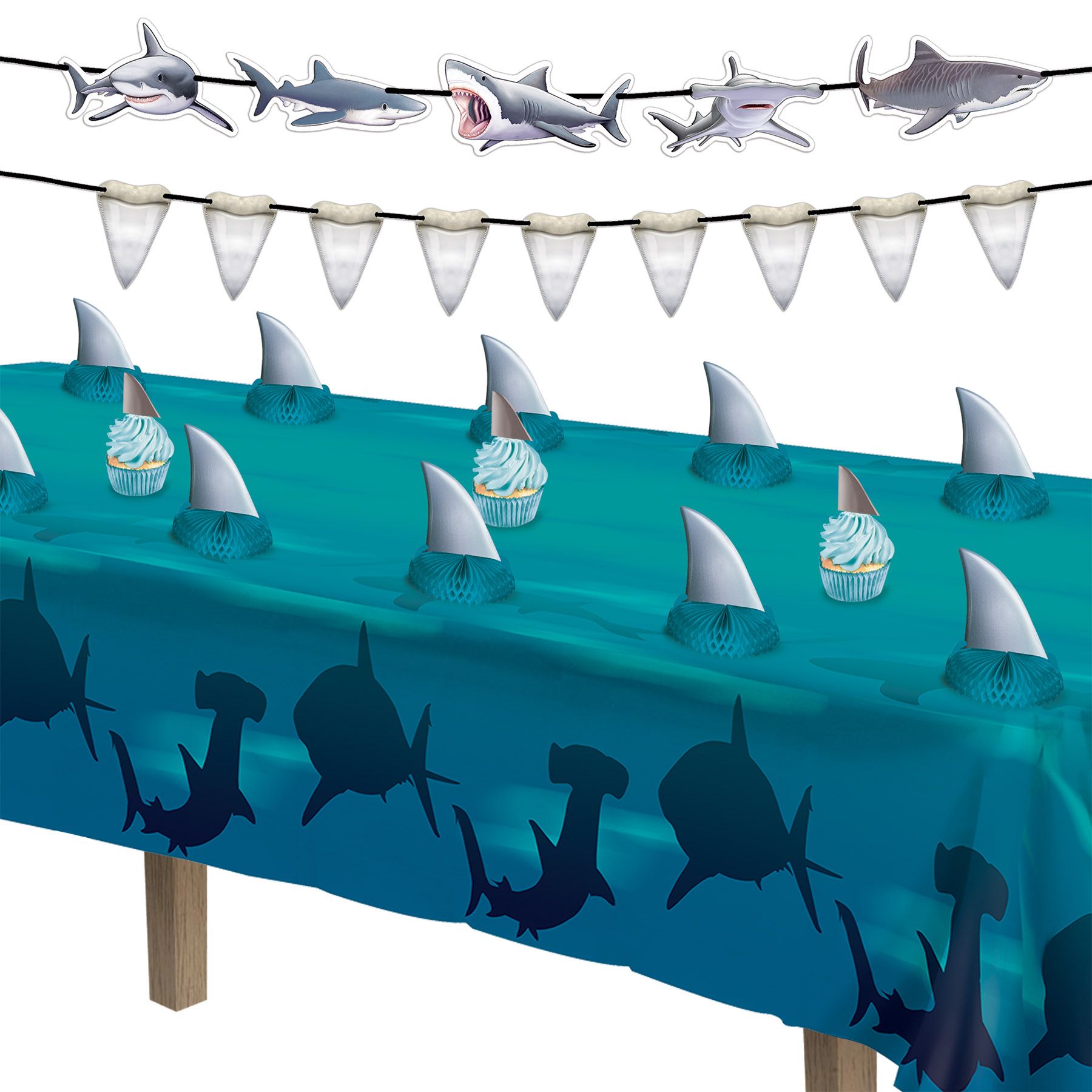 Shark streame4r shown with themed display for pool party and beach BBQ setup
