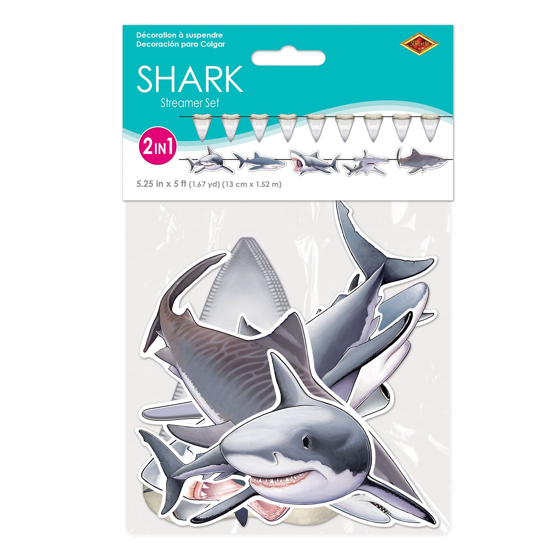 Shark streamer set in packaging with 14 pieces and ribbon