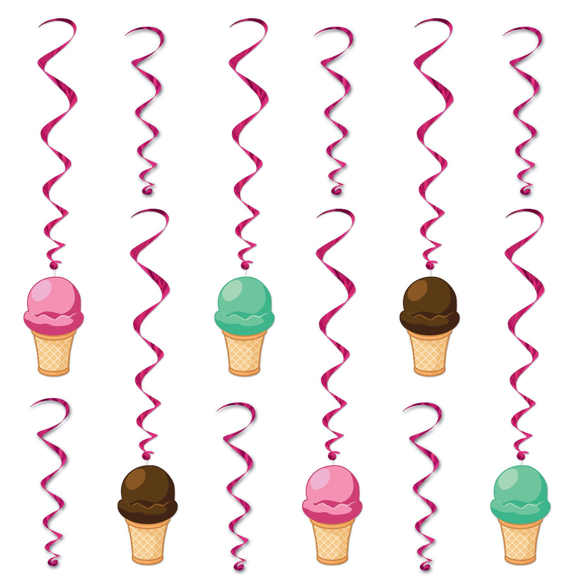 Ice Cream Hanging Whirls – 12-Piece Set (6 with Icons, 6 Plain) – 15"–25½" Spiral Decorations for Summer Parties & Ice Cream Socials