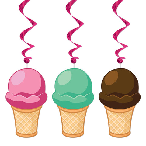 Ice Cream Hanging Whirls – 12-Piece Set (6 with Icons, 6 Plain) – 15"–25½" Spiral Decorations for Summer Parties & Ice Cream Socials