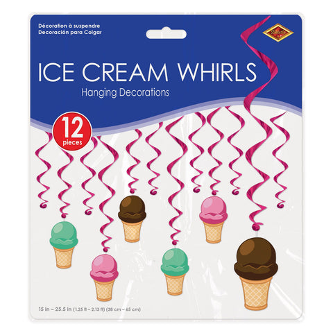 Ice Cream Hanging Whirls – 12-Piece Set (6 with Icons, 6 Plain) – 15"–25½" Spiral Decorations for Summer Parties & Ice Cream Socials