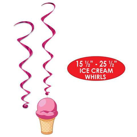 Ice Cream Hanging Whirls – 12-Piece Set (6 with Icons, 6 Plain) – 15"–25½" Spiral Decorations for Summer Parties & Ice Cream Socials