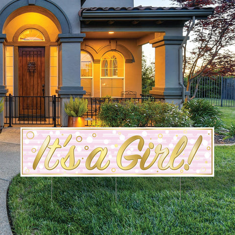 Plastic Jumbo It's A Girl! Yard Sign Tri-fold design; 3 metal stakes included; all-weather 1 Sign Per Package