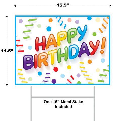 Happy Birthday Yard Sign – 11.5” x 15.5” All-Weather Plastic Lawn Sign with Metal Stake – 1 Per Pack