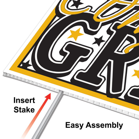 Gold Congrats Grad graduation yard sign  showing insertion of included metal H stake for lawn display