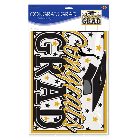 Plastic Congrats Grad yard sign shown in retail packaging with metal stake included