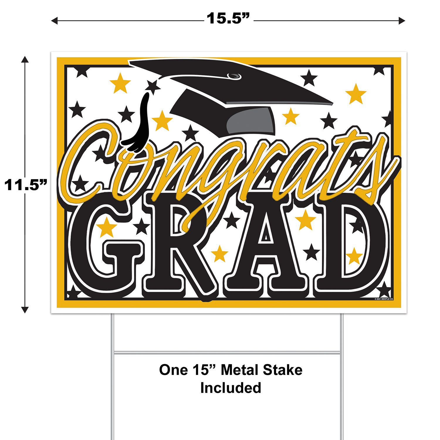 Graduation yard sign measuring 11½ inches by 15½ inches displayed with size reference