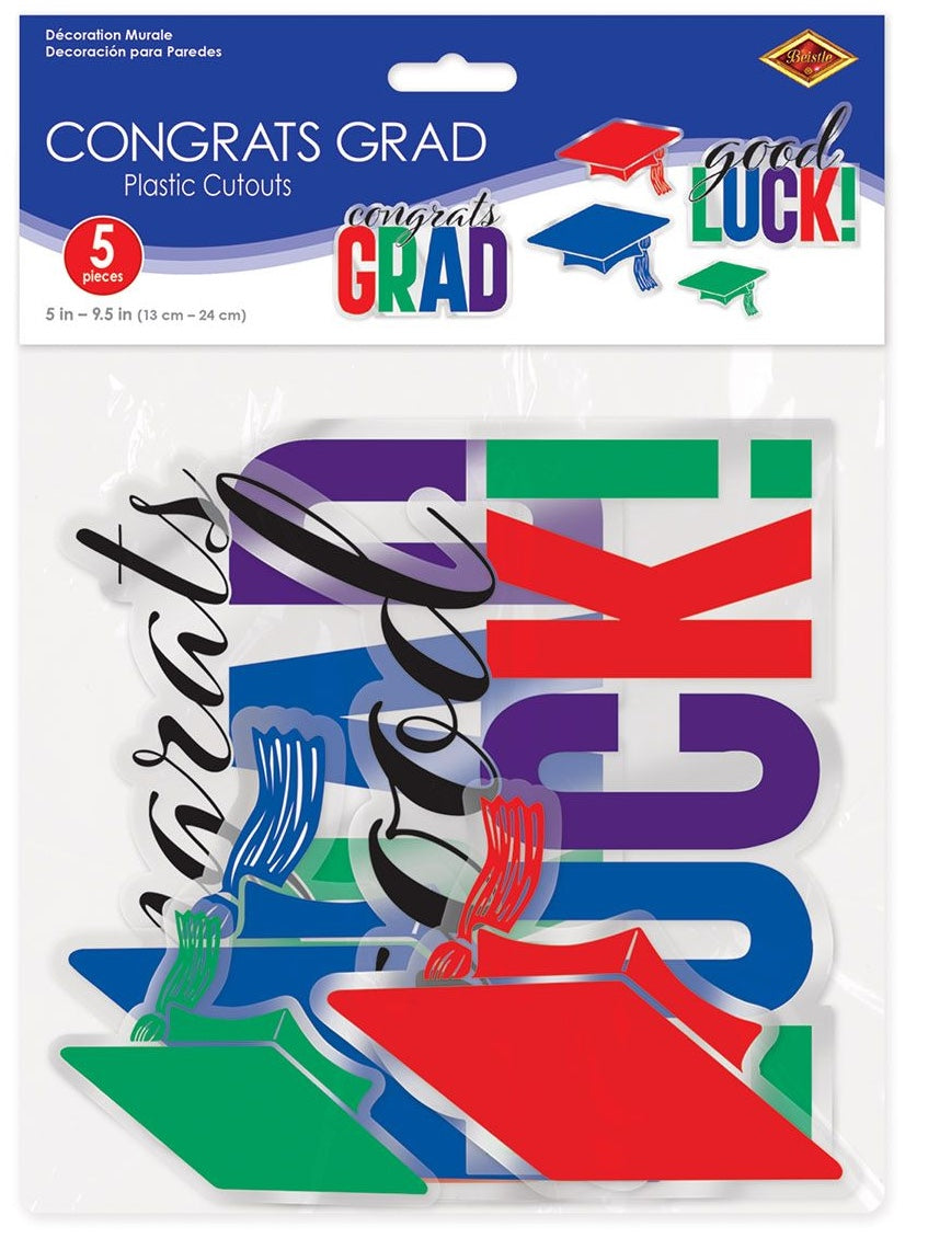 Multicolor Congrats Grad plastic cutouts displayed in retail packaging