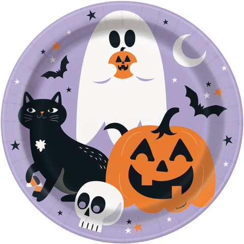 Halloween Night 9" Dinner Plates – 8ct | Featuring Cats, Bats, Pumpkins, Ghosts & Spiders | Spooky Party Tableware