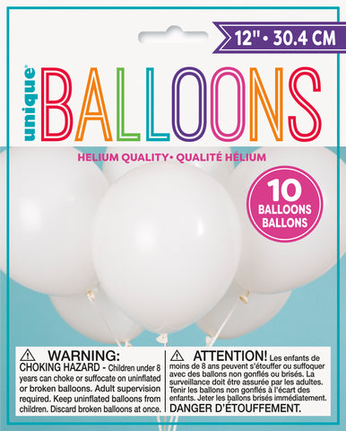 White 12 Inch Latex Balloons 10 Per Package