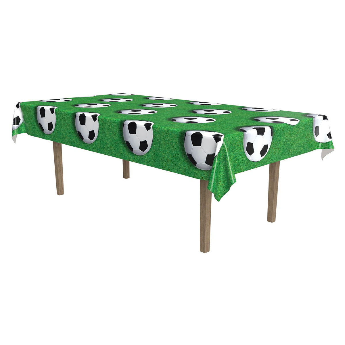Soccer themed plastic table cover 54 x 108 green field design with soccer balls in Manahawkin, NJ
