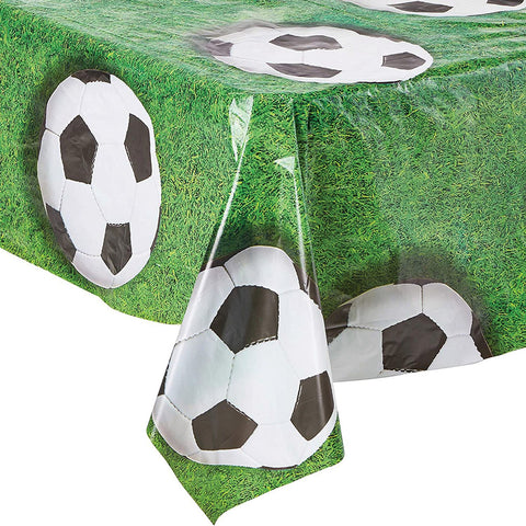 Soccer themed party table cover with  corner fold focus