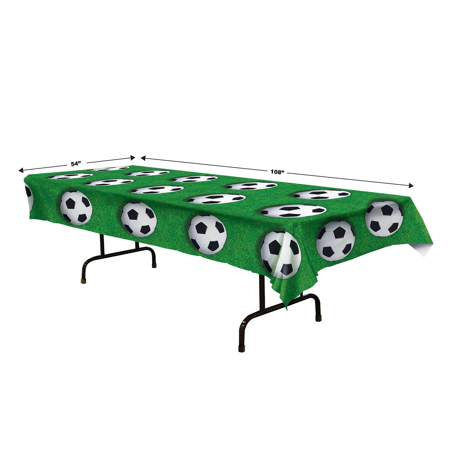 54 by 108 inch soccer table cover displayed on table for size reference