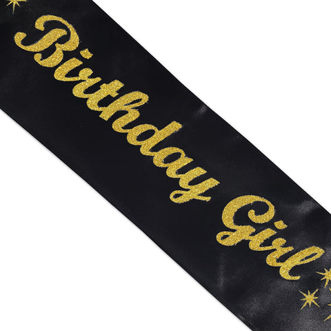 Birthday Girl Sash – Black Satin with Gold Glitter Text | 33” x 4” Party Sash for Women & Teens