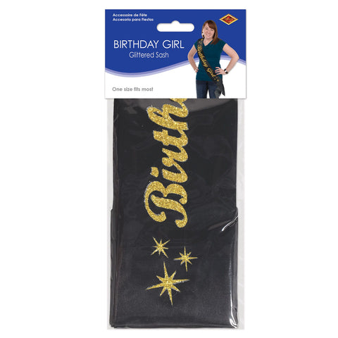 Birthday Girl Sash – Black Satin with Gold Glitter Text | 33” x 4” Party Sash for Women & Teens