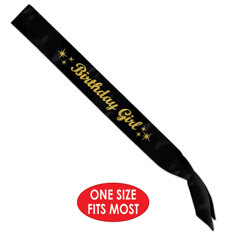 Birthday Girl Sash – Black Satin with Gold Glitter Text | 33” x 4” Party Sash for Women & Teens