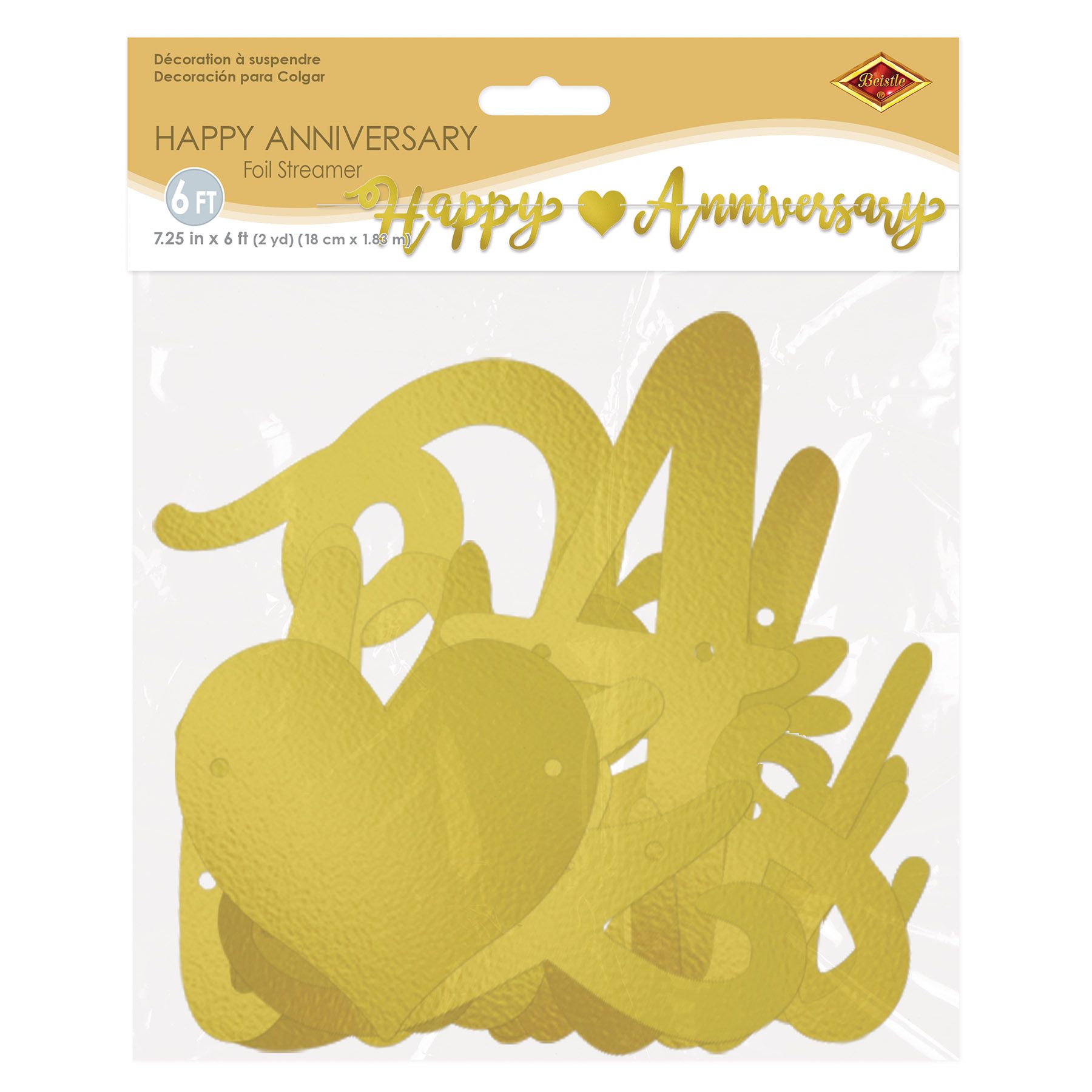 Foil Happy Anniversary Streamer, Size: 7½" x 6’, Gold; foil 2 sides; assembly required