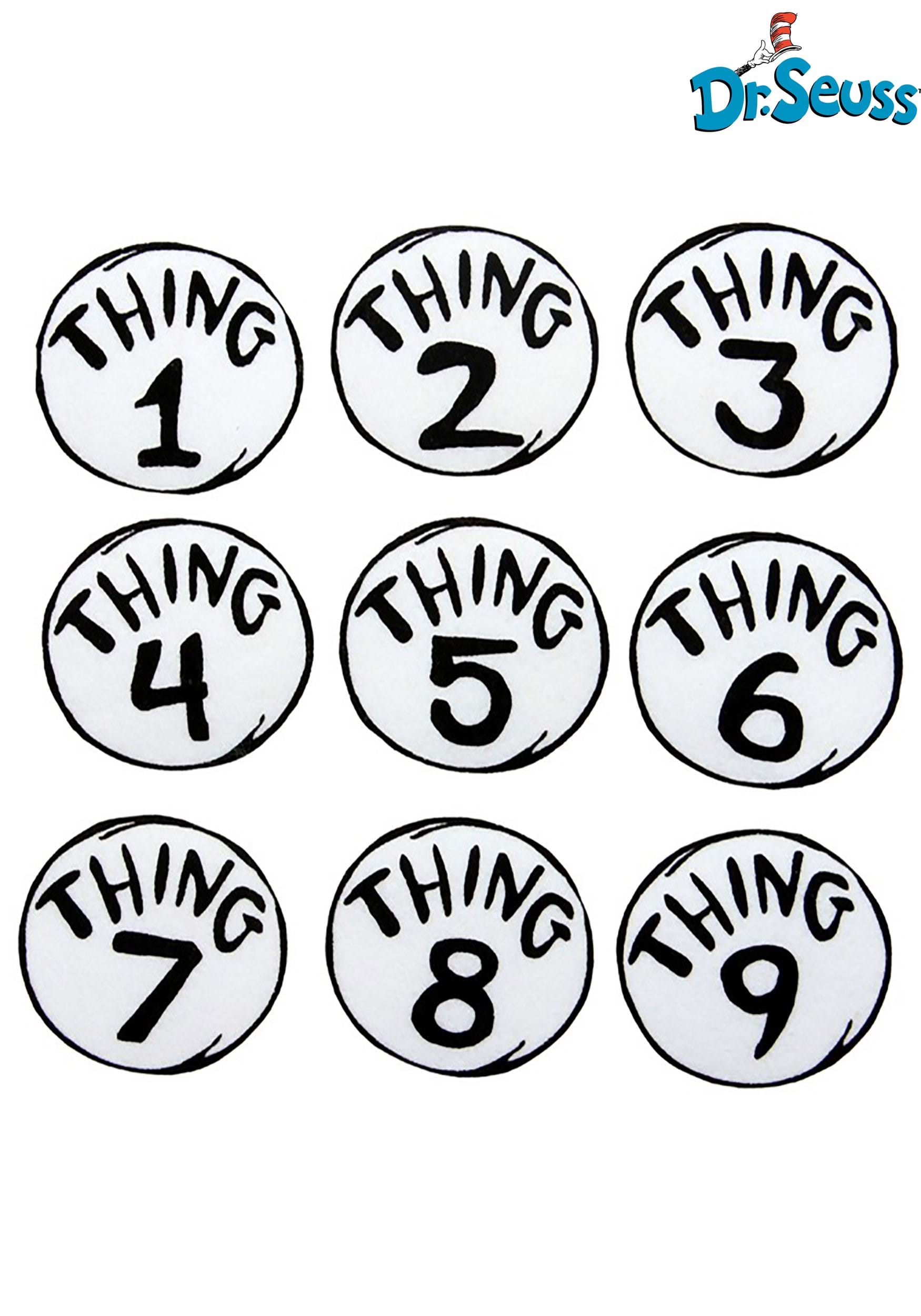 Officially licensed Dr. Seuss Thing 1-9 iron-on patch set displaying nine 5-inch white patches with bold black printed design