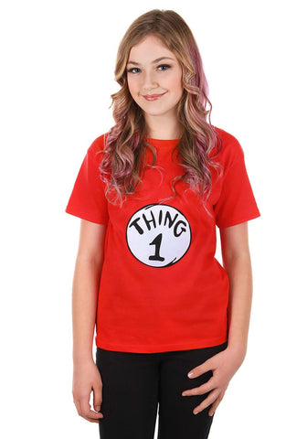 Person wearing a red t-shirt featuring a Dr. Seuss Thing 1 white iron-on patch with black print applied to the front for Spirit Week outfit inspiration
