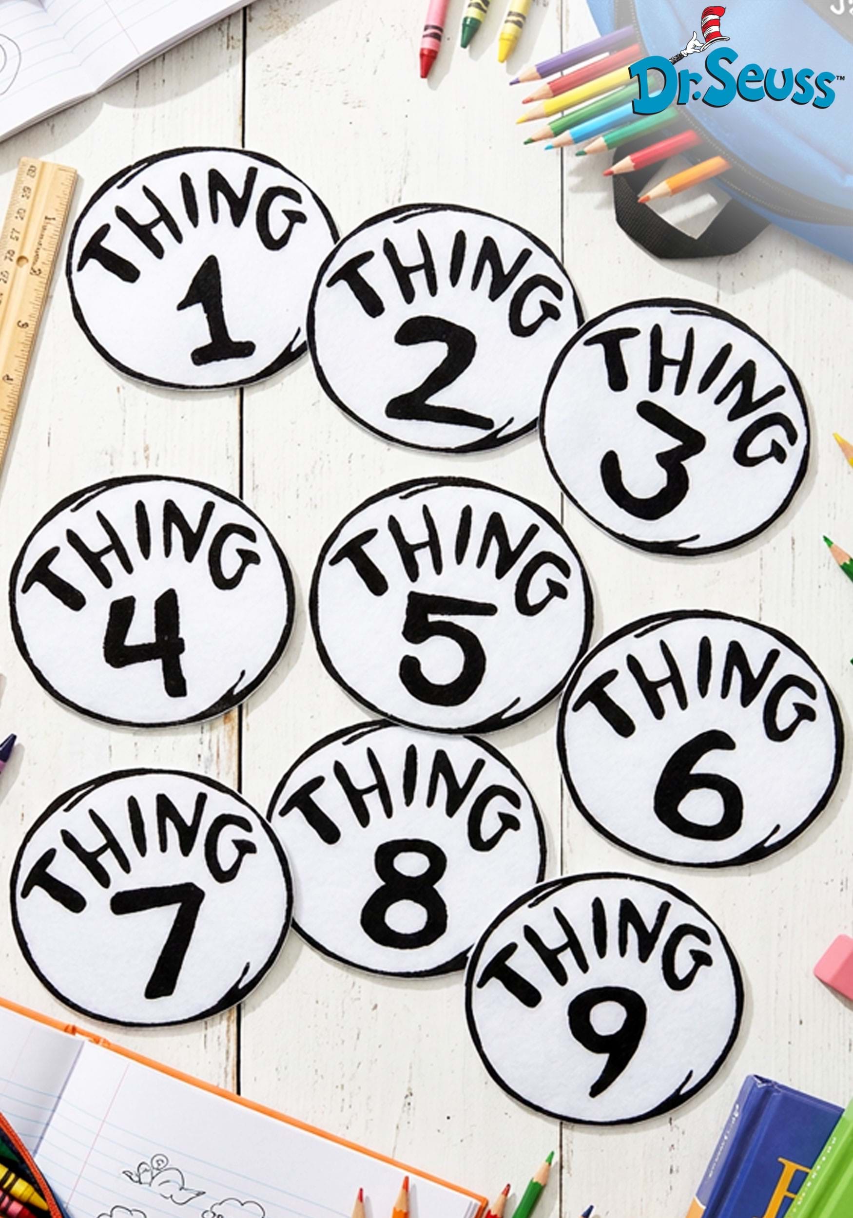 Dr. Seuss Thing 1-9 iron-on patch set with nine 5-inch white patches featuring black print available in Manahawkin, NJ for Spirit Week