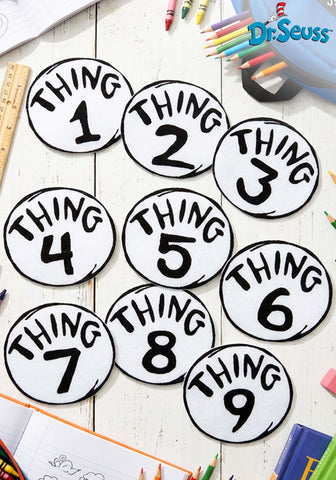 Dr. Seuss Thing 1-9 iron-on patch set with nine 5-inch white patches featuring black print available in Manahawkin, NJ for Spirit Week