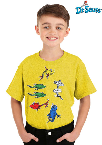 Child wearing a yellow t-shirt with Dr. Seuss One Fish Two Fish Patch Set, Official Dr. Seuss logo visible.