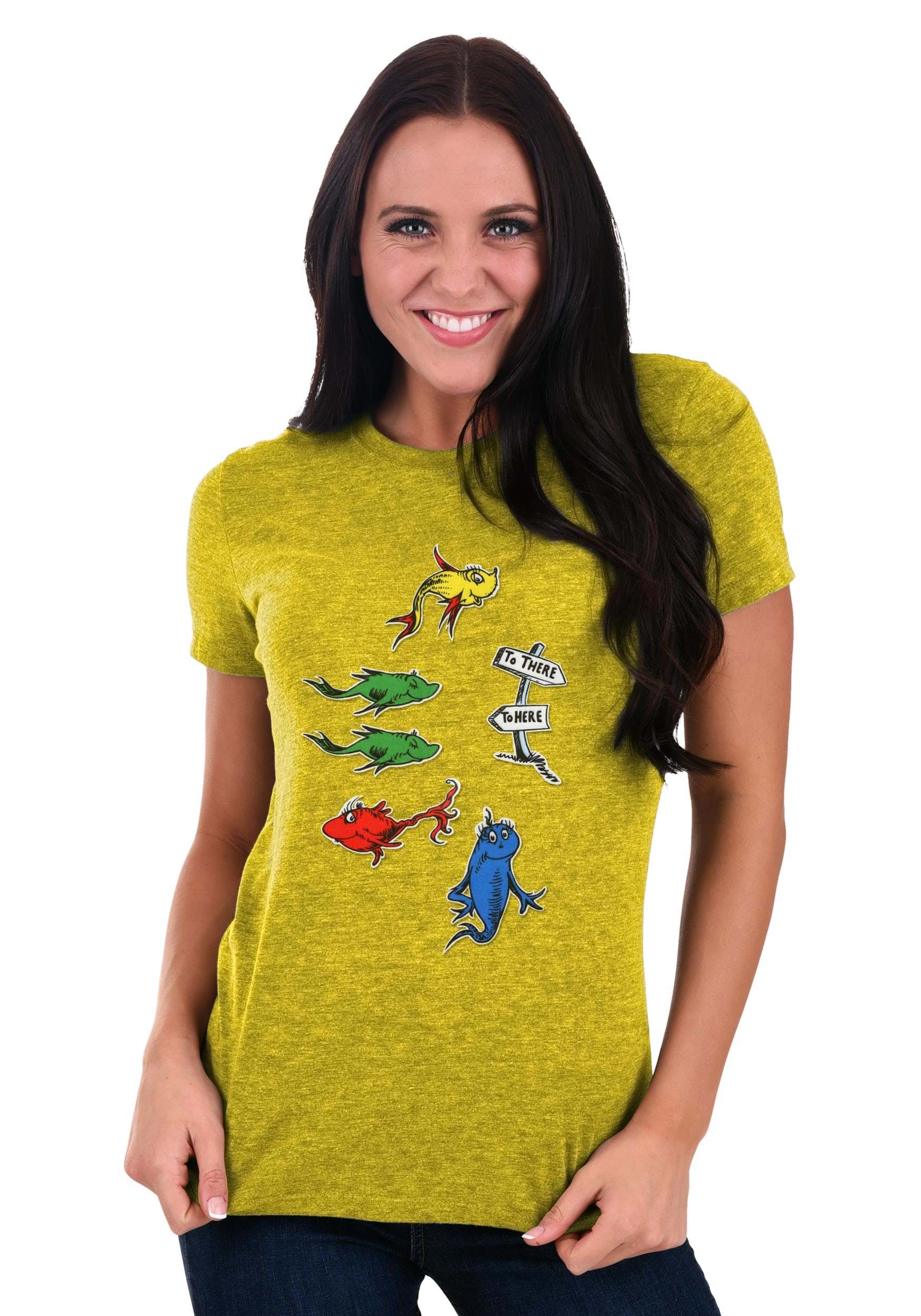 Model wearing Set of six colorful 4 inch Dr. Seuss One Fish Two Fish iron-on patches with official licensing