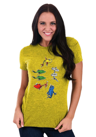Model wearing Set of six colorful 4 inch Dr. Seuss One Fish Two Fish iron-on patches with official licensing