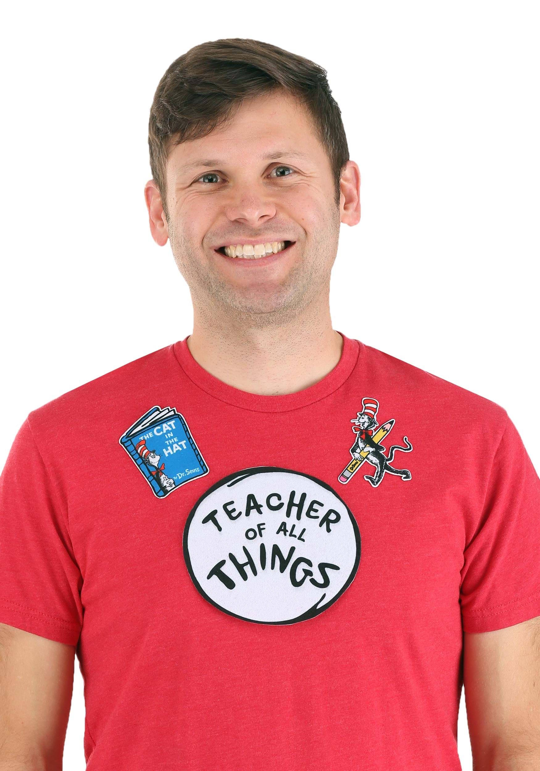 Male Model wearing red shirt with the Officially licensed Dr. Seuss Teacher of All Things Cat in the Hat patch set applied 