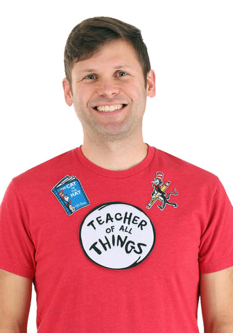 Male Model wearing red shirt with the Officially licensed Dr. Seuss Teacher of All Things Cat in the Hat patch set applied 