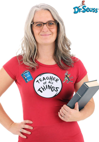 Female model  holding a book wearing red shirt with the Officially licensed Dr. Seuss Teacher of All Things Cat in the Hat patch set applied 