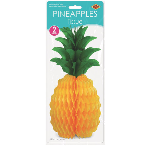12” Tissue Honeycomb Pineapple Decorations – 2-Pack Hanging Party Decor for Luau, Summer, Hawaiian Themes