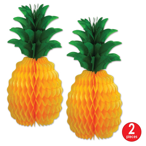 12” Tissue Honeycomb Pineapple Decorations – 2-Pack Hanging Party Decor for Luau, Summer, Hawaiian Themes