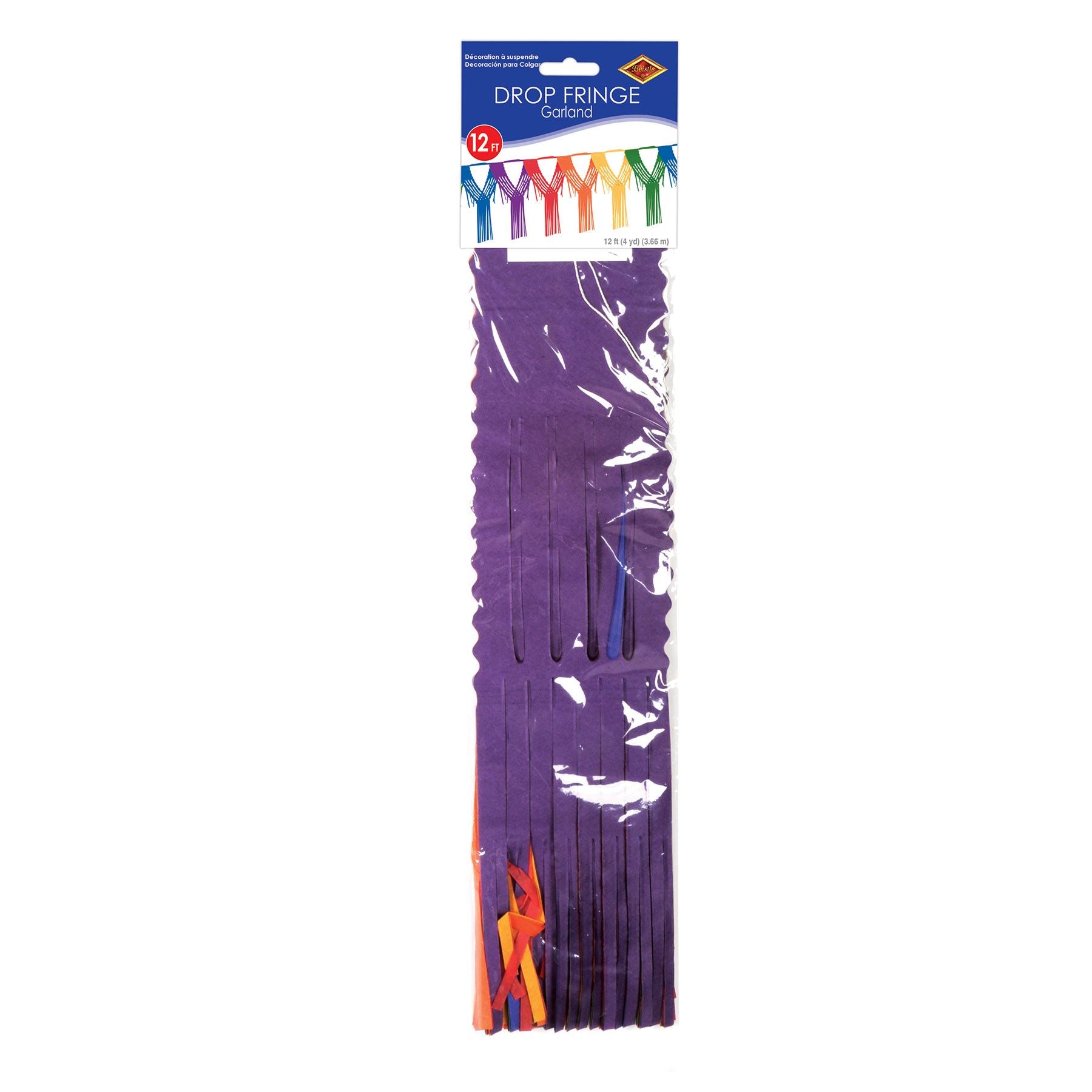 Fringe garland in packaging showing 12 foot length