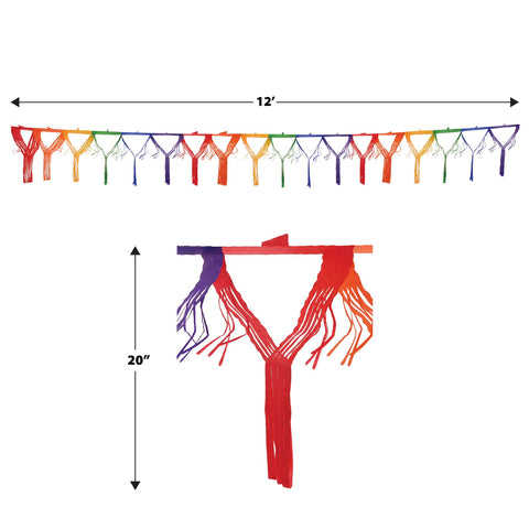 Close-up of colorful fringe paper garland showing rainbow design and dimensions