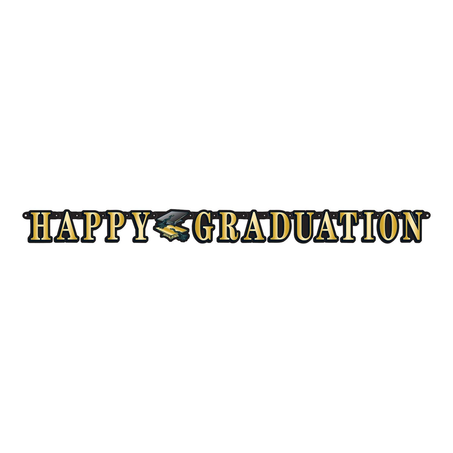 Happy Graduation black and gold 5 inch by 5 foot banner decoration for graduation parties available in Manahawkin NJ