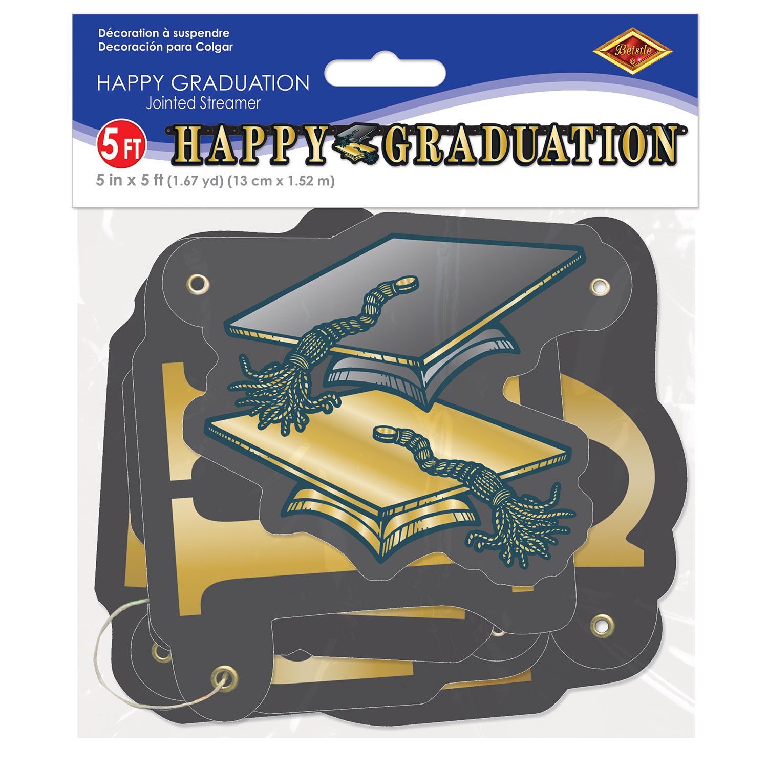 Happy Graduation black and gold banner packaging showing graduation party decoration ready to hang