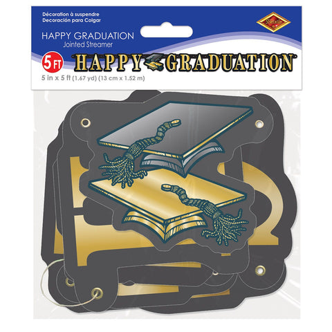 Happy Graduation black and gold banner packaging showing graduation party decoration ready to hang
