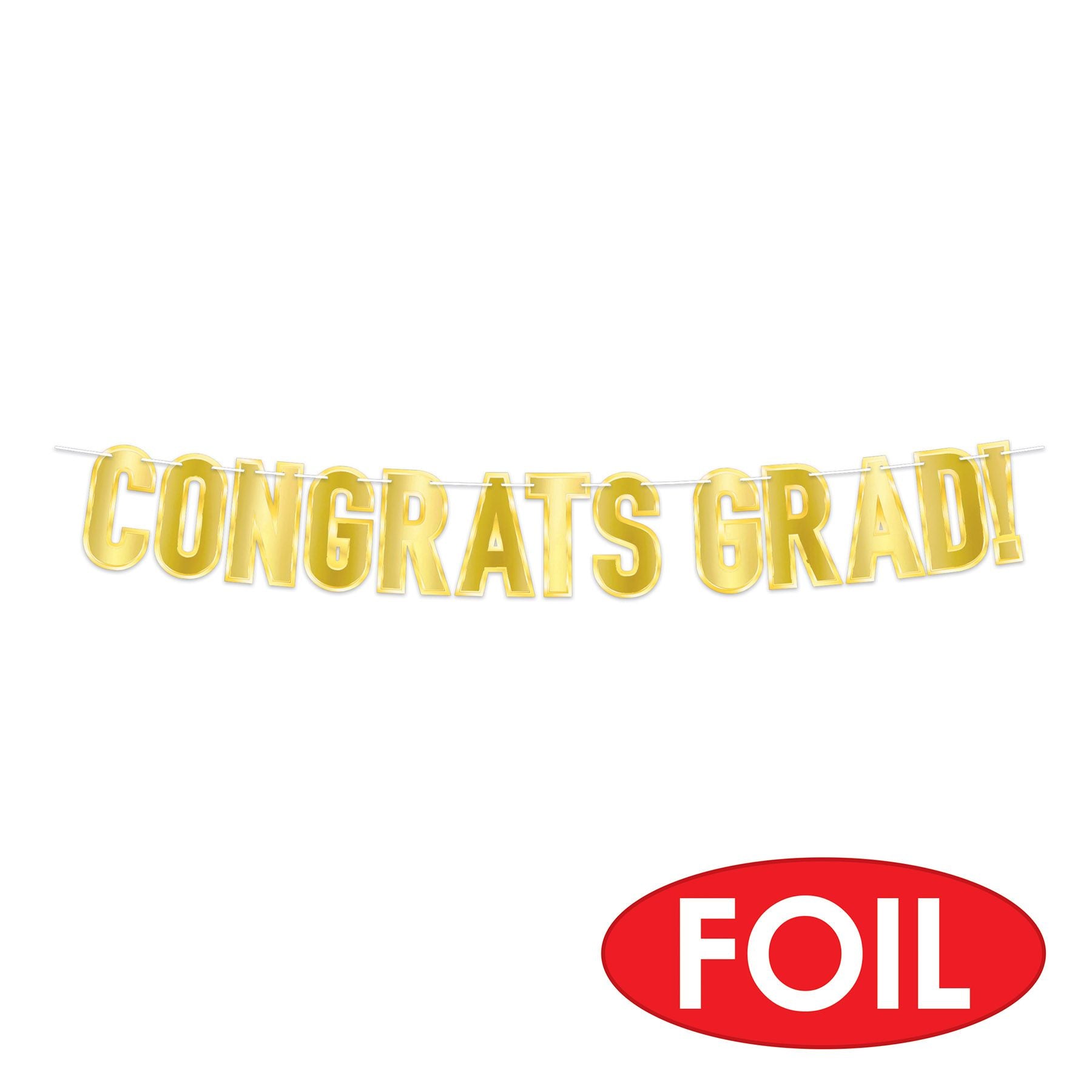Gold foil Congrats Grad banner with shiny metallic lettering and  a red label indicating the product is Foil 