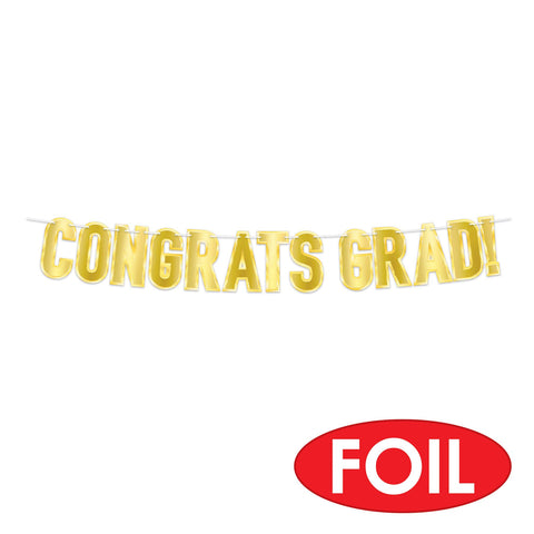 Gold foil Congrats Grad banner with shiny metallic lettering and  a red label indicating the product is Foil 
